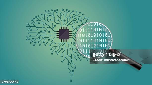 stockillustraties, clipart, cartoons en iconen met magnifying lens over a brain shaped electric circuit connected to a computer chip - vergrootglas