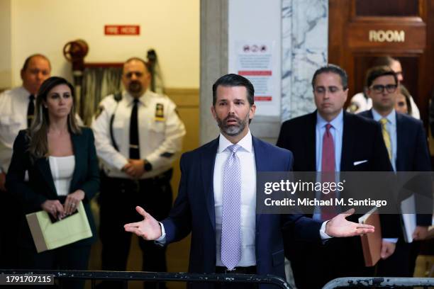 Donald Trump Jr. Speaks as he leaves the courtroom after testifying in his civil fraud trial at New York State Supreme Court on November 13, 2023 in...