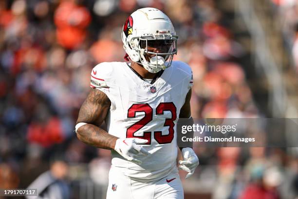 Corey Clement of the Arizona Cardinals looks on during the first half against the Cleveland Browns at Cleveland Browns Stadium on November 05, 2023...