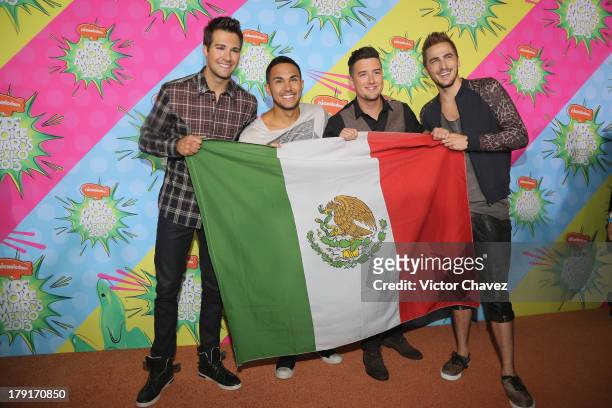 Singers James Maslow, Logan Henderson, Kendall Schmidt and Carlos Roberto Pena Jr. Of Big Time Rush arrive at Kids Choice Awards Mexico 2013 at Pepsi...