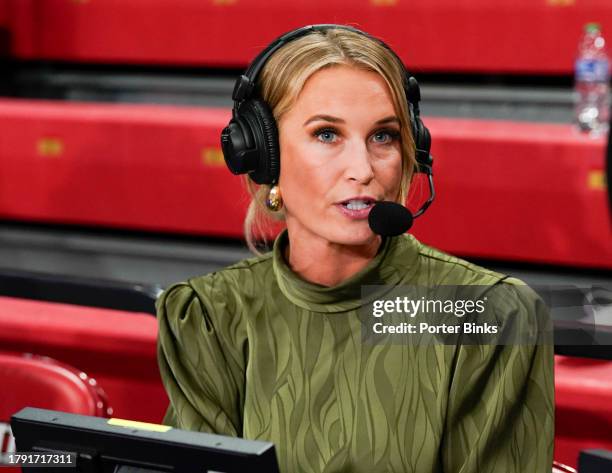 Fox sports analyst Sarah Kustok before the game between the St. John's Red Storm and the Stony Brook Seawolves at Carnesecca Arena on November 7,...