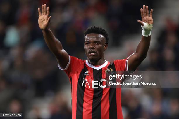 Youssuf Ndayishimiye of OGC Nice reacts during the Ligue 1 Uber Eats match between OGC Nice and Stade Rennais FC at Allianz Riviera on November 05,...