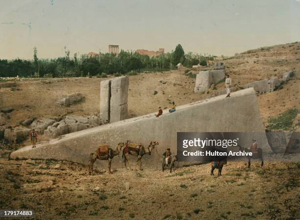 The massive monolith known as the Stone of the Pregnant Woman or Stone of the South in the ancient city of Baalbek in Lebanon, circa 1900. A...