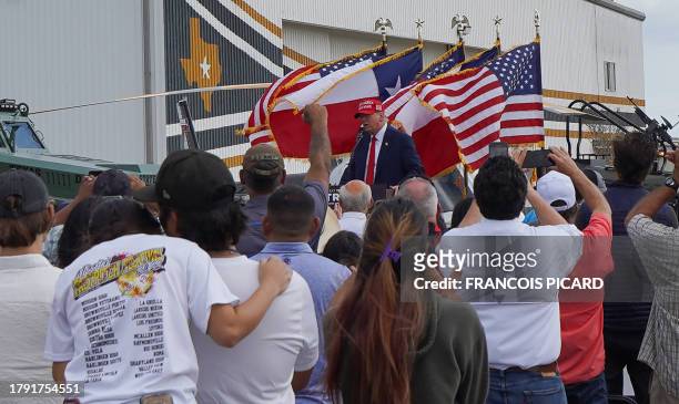 Former President Donald Trump gives remarks at the South Texas International airport on November 19, 2023 in Edinburg, Texas. Trump and Texas...