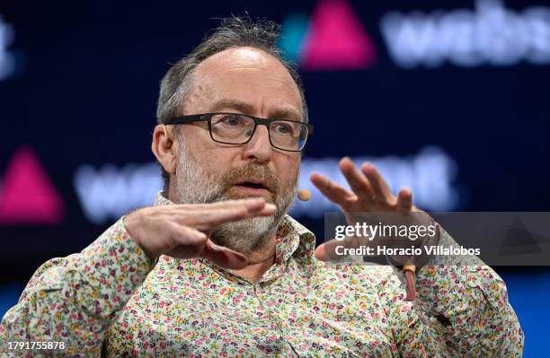 Founder of Wikipedia Jimmy Wales talks onstage about Artificial Intelligence during Web Summit opening night on November 13, 2023 in Lisbon,...