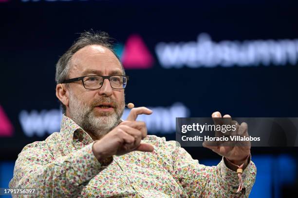 Founder of Wikipedia Jimmy Wales talks onstage about Artificial Intelligence during Web Summit opening night on November 13, 2023 in Lisbon,...