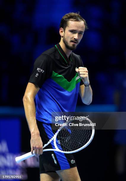 Daniil Medvedev celebrates winning the first set against Andrey Rublev during the Men's Singles Round Robin match on day two of the Nitto ATP Finals...