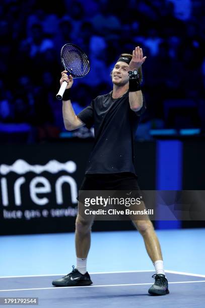 Andrey Rublev reacts against Daniil Medvedev during the Men's Singles Round Robin match on day two of the Nitto ATP Finals at Pala Alpitour on...