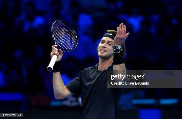 Andrey Rublev reacts against Daniil Medvedev during the Men's Singles Round Robin match on day two of the Nitto ATP Finals at Pala Alpitour on...