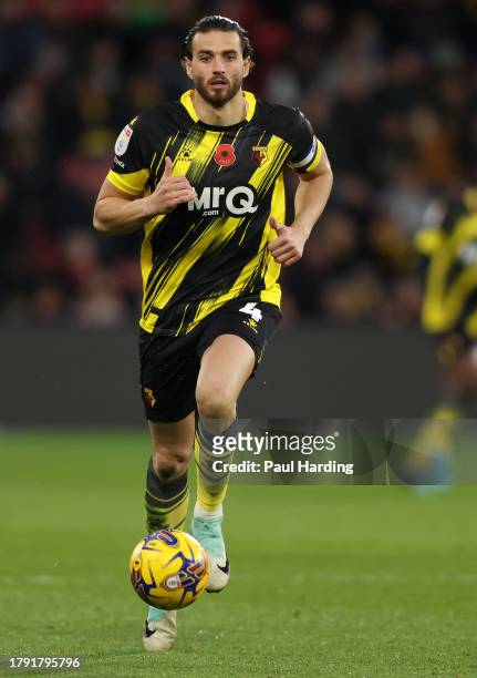 Wesley Hoedt of Watford runs with the ball during the Sky Bet Championship match between Watford and Rotherham United at Vicarage Road on November...