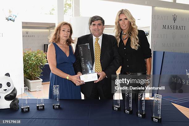 Rosetta Sannelli, Mayor of Taormina Eligio Giardina and actress Tiziana Rocca attend Premio Kineo Photocall during the 70th Venice International Film...