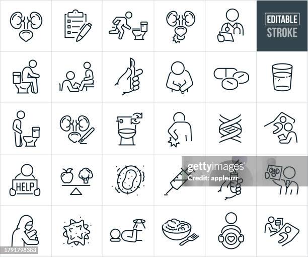 urologie und harnwegserkrankungen dünne liniensymbole - bearbeitbarer schlaganfall - symptom stock-grafiken, -clipart, -cartoons und -symbole