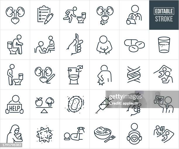 ilustraciones, imágenes clip art, dibujos animados e iconos de stock de urología y enfermedades del tracto urinario iconos de línea fina - trazo editable - prostate gland