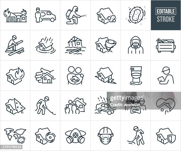 bildbanksillustrationer, clip art samt tecknat material och ikoner med disaster cleanup and restoration services thin line icons - editable stroke - renrumsdräkt