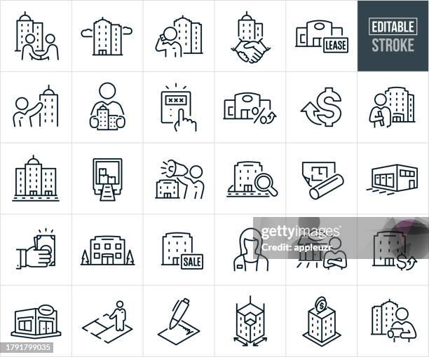 商業用不動産の細い線アイコン - 編集可能なストローク - テナント点のイラスト素材／クリップアート素材／マンガ素材／アイコン素材