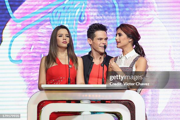 Ana Carolina Grajales, Willy Martin and Sol Rodriguez speak onstage during the Kids Choice Awards Mexico 2013 at Pepsi Center WTC on August 31, 2013...