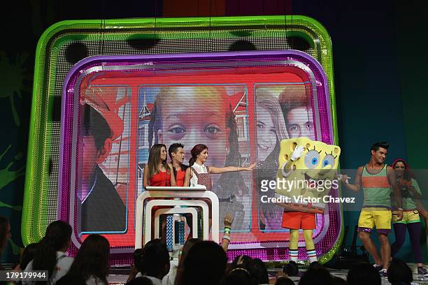 Ana Carolina Grajales, Willy Martin, Sol Rodriguez and SpongeBob SquarePants speak onstage during the Kids Choice Awards Mexico 2013 at Pepsi Center...