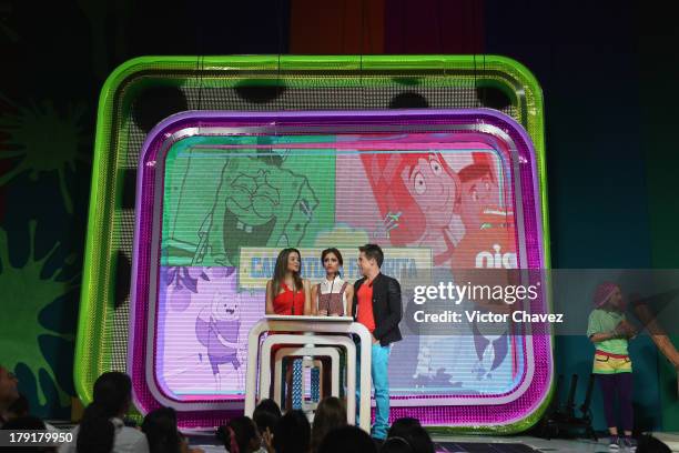 Ana Carolina Grajales, Willy Martin and Sol Rodriguez speak onstage during the Kids Choice Awards Mexico 2013 at Pepsi Center WTC on August 31, 2013...