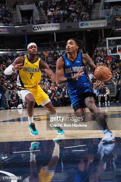 Gary Harris of the Orlando Magic drives to the basket during the game against the Indiana Pacers on November 19, 2023 at Gainbridge Fieldhouse in...