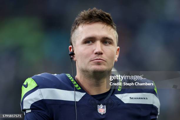 Drew Lock of the Seattle Seahawks looks on during the third quarter against the Washington Commanders at Lumen Field on November 12, 2023 in Seattle,...