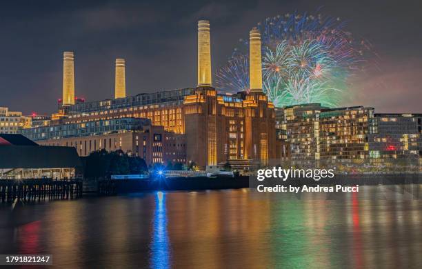 guy fawkes night with fireworks, battersea power station, london, united kingdom - wandsworth stock pictures, royalty-free photos & images