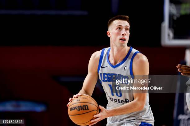 November 19: Joe Wieskamp of the Texas Legends looks to shoot against the Birmingham Squadron at Legacy Arena in Birmingham, AL on November 19, 2023...