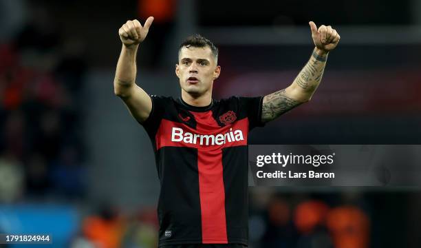 Granit Xhaka of Bayer Leverkusen gestures during the Bundesliga match between Bayer 04 Leverkusen and 1. FC Union Berlin at BayArena on November 12,...