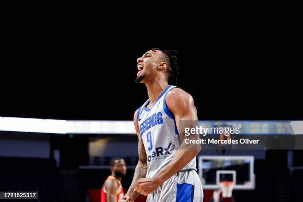 November 19: AJ Lawson of the Texas Legends reacts against the Birmingham Squadron reacts at Legacy Arena in Birmingham, AL on November 19, 2023 NOTE...