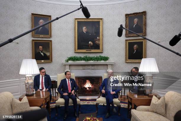 President Joe Biden meets with Indonesian President Joko Widodo in the Oval Office of the White House November 13, 2023 in Washington, DC. Biden and...