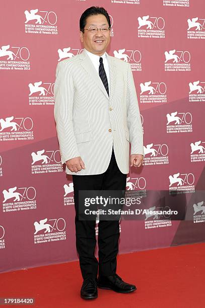 The president of the Studio Ghibli Koji Hoshino attends "Kaze Tachinu" Photocall during the 70th Venice International Film Festival at Palazzo del...