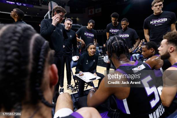 Lindsey Harding of the Stockton Kings talks to her team during a timeout against the South Bay Lakers during the match on November 19, 2023 at...
