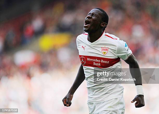 Antonio Ruediger of Stuttgart celebrates his team's first goal during the Bundesliga match between VfB Stuttgart and 1899 Hoffenheim at Mercedes-Benz...