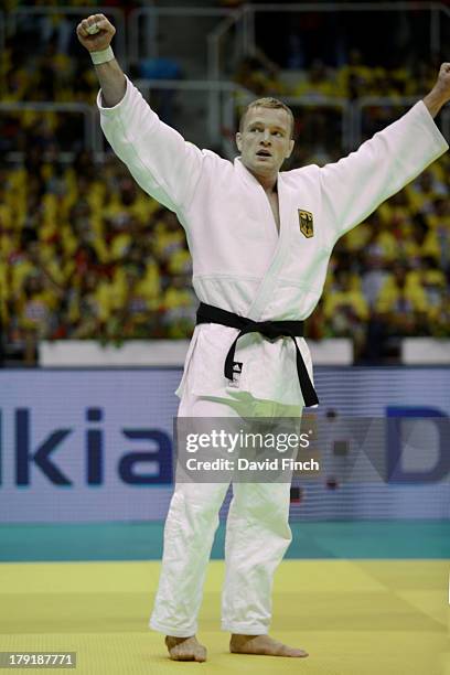 Dimitri Peters of Germany celebrates winning the u100kgs bronze medal at the Rio World Judo Championships on Day 6 at the Gympasium Maracanazinho on...