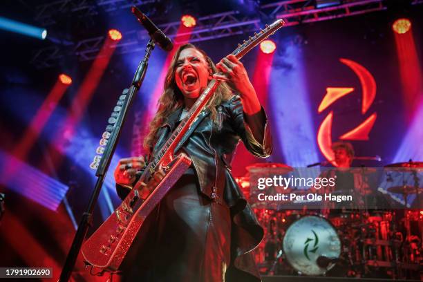 Lizzy Hale and Arejay Hale from Halestorm perform on stage at Sentrum Scene on November 13, 2023 in Oslo, Norway.