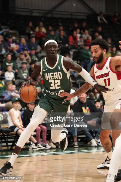 Wenyen Gabriel of the Wisconsin Herd drives the ball against the Sioux Falls Skyforce during an NBA G-League game on November 19, 2023 at The Oshkosh...