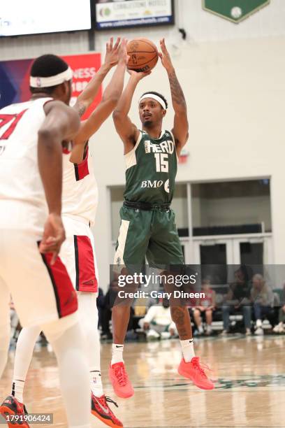 Elijah Hughes of the Wisconsin Herd shoots the ball against the Sioux Falls Skyforce during an NBA G-League game on November 19, 2023 at The Oshkosh...