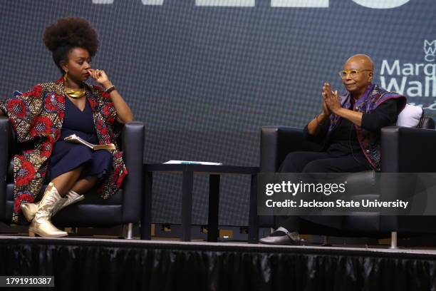 Jackson, MS Iconic novelist, short story writer, poet, and social activist shares her thoughts with Jackson State professor Ebony Lumumba during her...