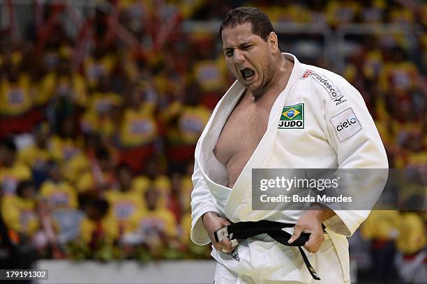 Brazil's Rafael Silva celebrates the victory in the +100kg category Semi-Final, during the IJF World Judo Championship at Gymnasium Maracanazinho on...