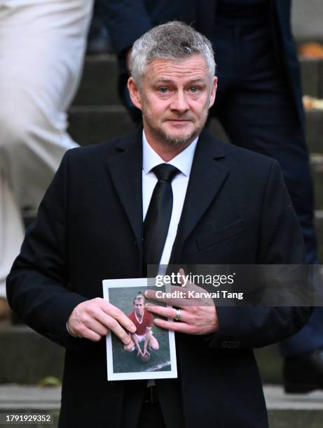 Ole Gunnar Solskjær departs after attending the funeral of Sir Bobby Charlton at Manchester Cathedral on November 13, 2023 in Manchester, England....