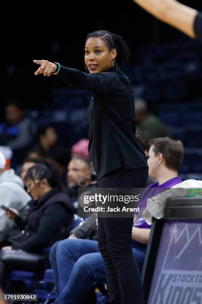 Lindsey Harding Head Coach of the Stockton Kings directs her team against the South Bay Lakers during the match on November 19, 2023 at Stockton...