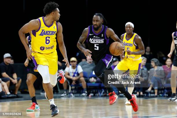 Jaylen Nowell of the Stockton Kings dribbles the ball against the South Bay Lakers during the match on November 19, 2023 at Stockton Arena in...