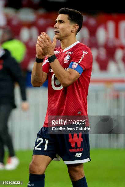 Benjamin Andre of Lille salutes the supporters following the Ligue 1 Uber Eats match between Lille OSC and Toulouse FC at Stade Pierre-Mauroy on...