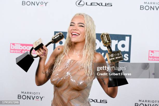 Karol G wins the Billboard Music Awards for Top Latin Female Artist and Top Latin Touring Artist at the 2023 Billboard Music Awards at Line 204 in...