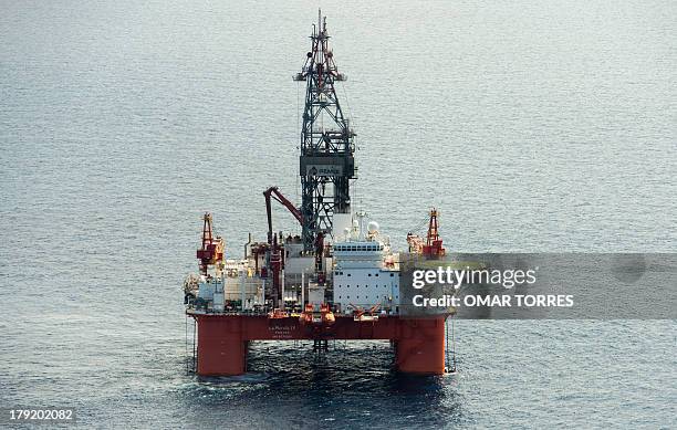 Aerial view of La Muralla IV exploration oil rig, operated by Mexican company "Grupo R" and working for Mexico's state-owned oil company PEMEX, in...