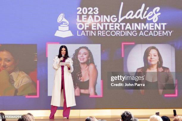 Laura Pausini speaks onstage during the Leading Ladies of Entertainment Presentation and Luncheon during the 24th annual Latin Grammy Awards at La...