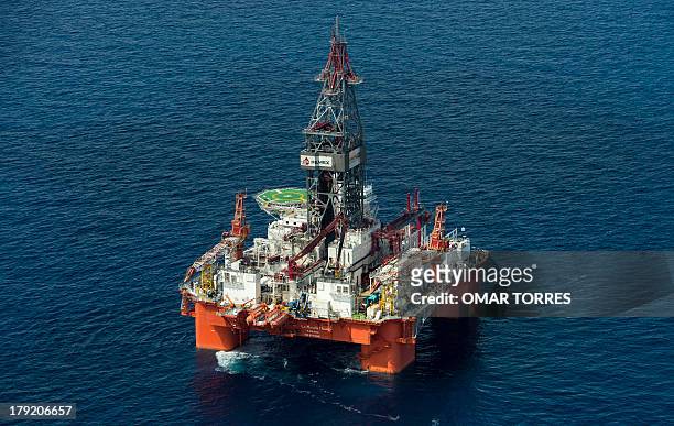 Aerial view of La Muralla IV exploration oil rig, operated by Mexican company "Grupo R" and working for Mexico's state-owned oil company PEMEX, in...