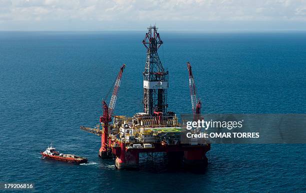 Aerial view of the Centenario exploration oil rig, operated by Mexican company "Grupo R" and working for Mexico's state-owned oil company PEMEX, in...