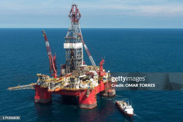 Aerial view of the Centenario exploration oil rig, operated by Mexican company "Grupo R" and working for Mexico's state-owned oil company PEMEX, in...