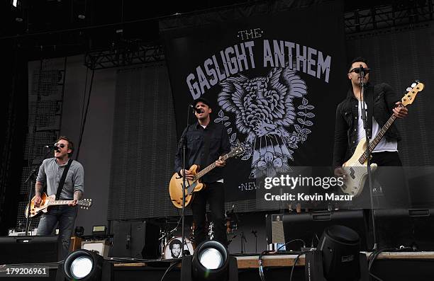 Brian Fallon, Alex Rosamilia and Alex Levine of The Gaslight Anthem perform during the 2013 Budweiser Made In America Festival at Benjamin Franklin...