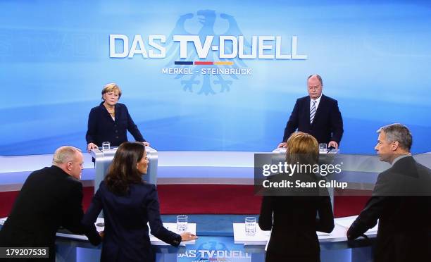 In this screenshot taken from German television German Chancellor and Christian Democrat Angela Merkel and Social Democrats chancellor candidate Peer...